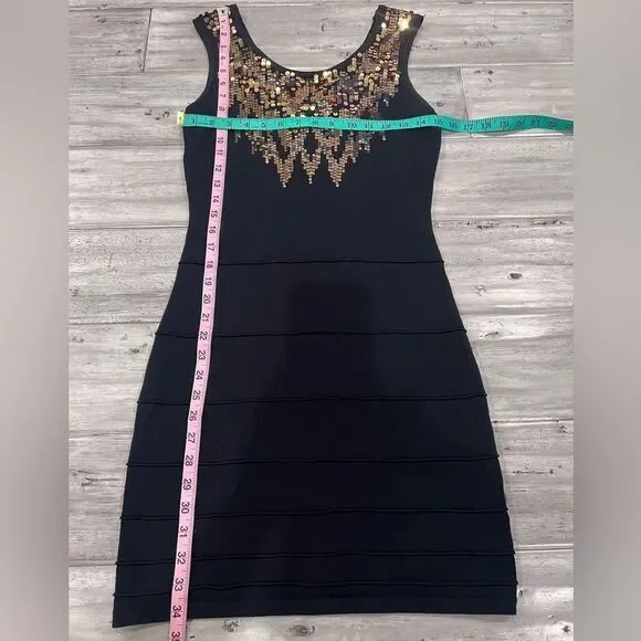 Y2K 2b Bebe Black Metallic Gold Sequin Bandage Sleeveless Cutout Back Slip - Picture 14 of 14